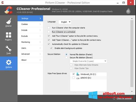 Screenshot CCleaner per Windows 8
